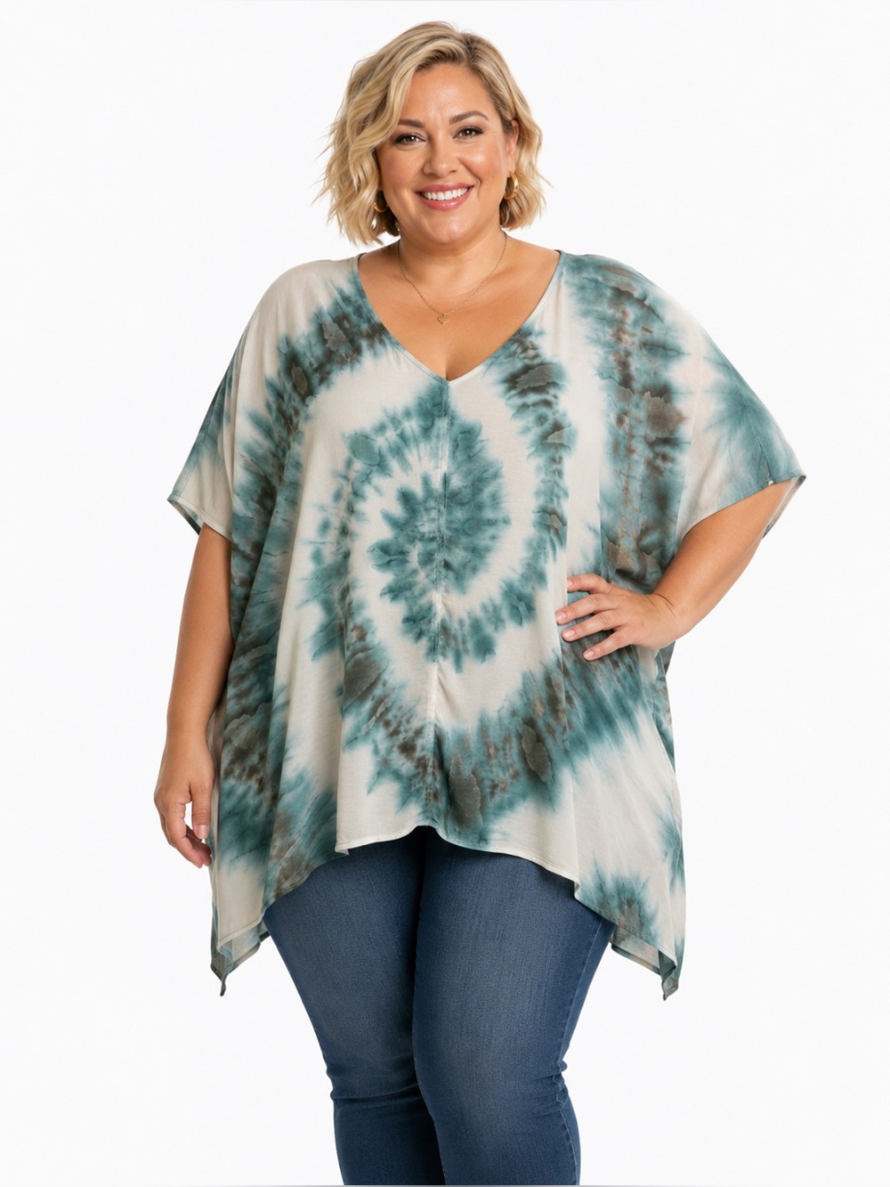 River + Sky Teal and Cream V-Neck Tie-Dye Tunic
